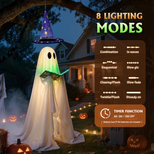 53-Inch Standing Halloween Ghost Decoration with Witch Hat & Glowing Book