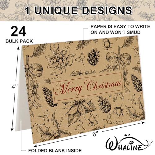 24 Pack Christmas Kraft Greeting Cards with Envelopes & Stickers - Holiday Note Cards