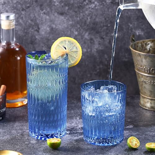 Loivttvv Blue Vintage Glassware Set of 8 Highball & Ribbed Cups, 14oz & 10oz