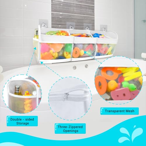 3-Compartment Hanging Bath Toy Organizer with Quick-Dry Mesh and Zippers