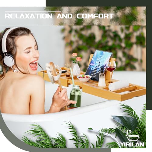 Yirilan Bamboo Bath Tray - Foldable Adjustable Wooden Bath Caddy with Book Rest & Spa Accessories