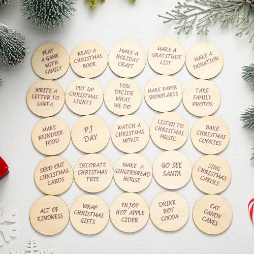 25 Pcs Wooden Advent Countdown Tokens for Christmas - Laser Engraved Tokens Set