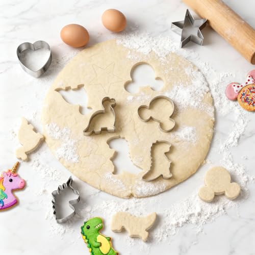 6 Pieces Stainless Steel Cookie Cutters - Mickey, Unicorn, Dinosaur, Heart, Star - Silver