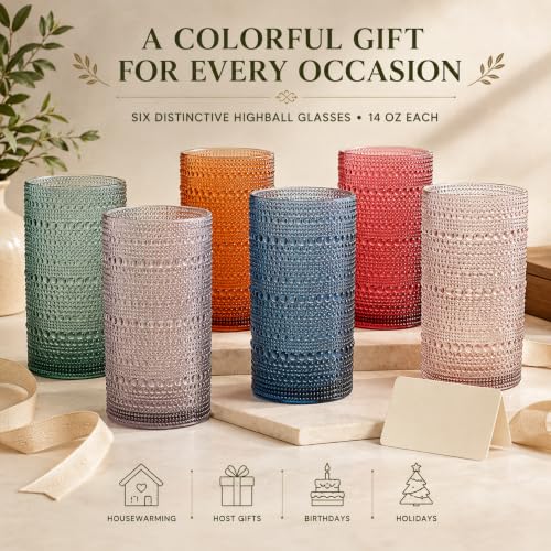 Khen Multicolor 6-Pack 14oz Shatterproof Acrylic Highball Glasses Set with Hobnail Beaded Design