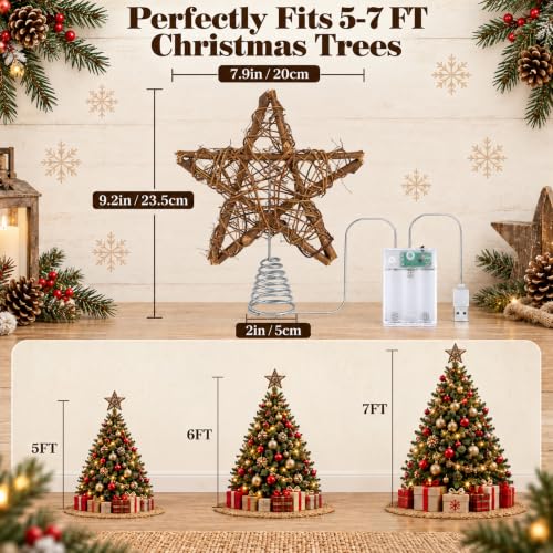 Brown 8 Inch Christmas Tree Topper Star - Rustic Hand-Woven Rattan Xmas Decor