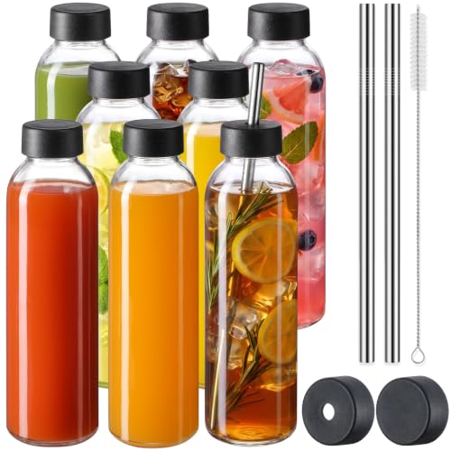 8 Pack 18 oz Glass Juice Bottles with Airtight Lids, Straws, and Cleaning Set
