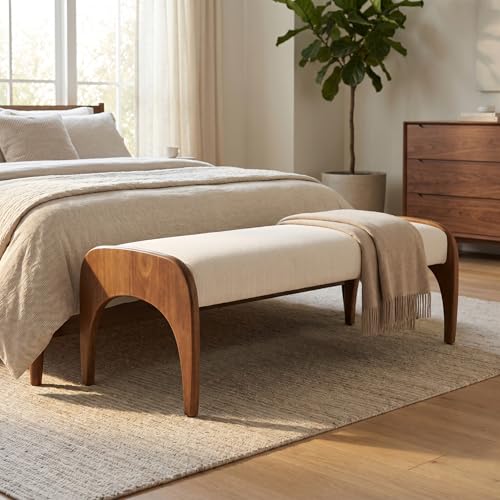51" Extra Long Upholstered Bench, Cream Linen Seat with Walnut Wood Legs