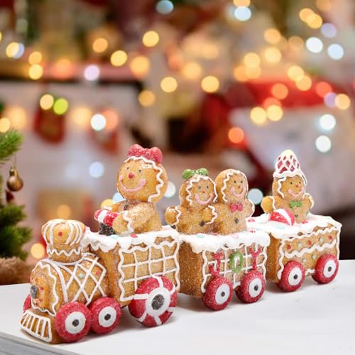 Gingerbread Man Train Figurine - Resin Christmas Tabletop Decor (9.3")