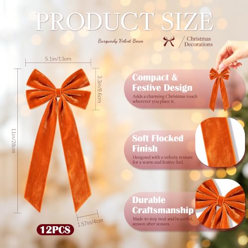 SiplyHaven 12 Pack Orange Velvet Christmas Bows - 5x10 Inch Pre-Tied Holiday Decor