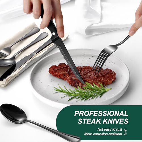 24-Piece Black Stainless Steel Flatware Set with Steak Knives for 4