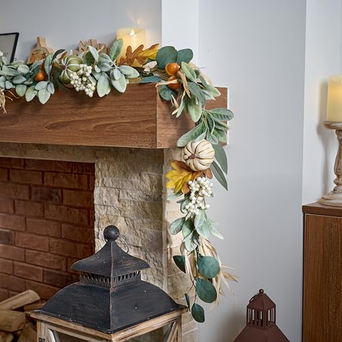 6ft Pre-Lit Fall Garland with Pumpkins & Warm LED Lights for Mantle