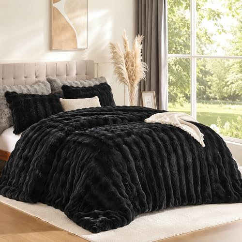Queen Faux Fur Comforter Set - Soft Fluffy Black Bedding (3-Piece)