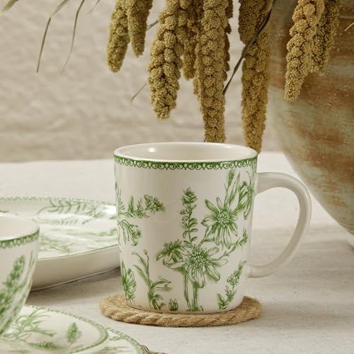 Bico Green Garden Toile de Jouy 18 oz Mugs Set of 4 – Lead-Free Ceramic Coffee Tea Cups with Large Handles