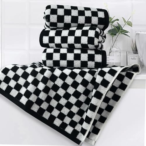Black and White Cotton Hand Towels, 13x29 Inch Checkered Set of 4