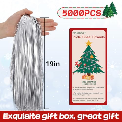 Silver Tinsel Icicle Strands for Christmas Tree Decor - 5000 Strands, 19 Inch