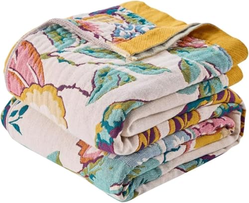 Boho Cotton Muslin Throw Blanket, Reversible Woven Farmhouse Bedspread 50x60