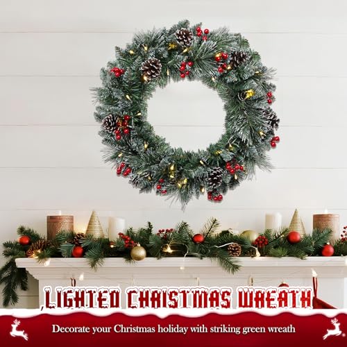 MUMTOP Pre-Lit Christmas Wreath D - 20 Inch Artificial Door Decor with LED Lights, Red Berries & Pine Cones