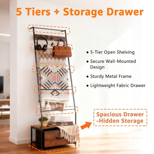 5-Tier Metal Blanket Ladder with Storage Drawer and Hooks, 63-Inch