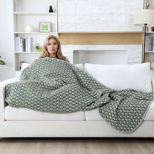 Reversible Cotton Block Print Throw Blanket - 60 x 90 Inches, Basil Green