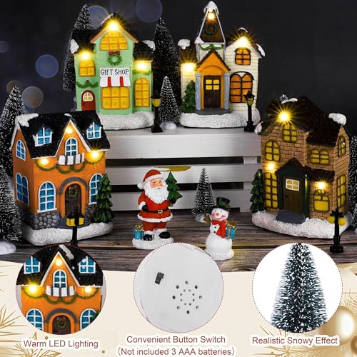 Aneco 19-Piece Christmas Village Set with Resin Houses Snowmen LED Lights & Trees