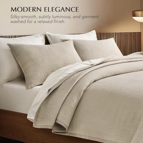 EverGrace 100% Cotton Sateen Channel Quilt Set - Queen 3-Piece, Parchment