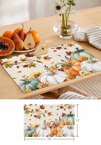 HELLOWINK Set of 6 Fall Pumpkin Placemats - Orange & Green Autumn Table Mats