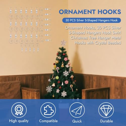 30-Piece Crystal Beaded Christmas Ornament Hooks - S-Shaped Wire Hangers
