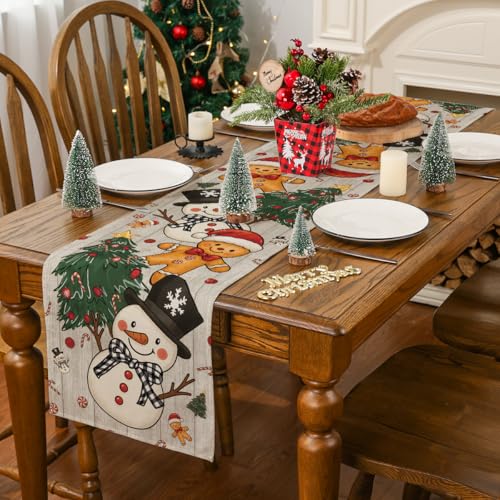 Siilues Christmas Table Runner 13'' x 60'' Snowman Gingerbread Holiday Decor