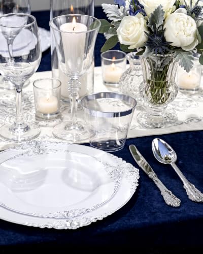 Hioasis 100 Pack White Silver Disposable Plastic Plates 10.25 Inch - Elegant Dinnerware for Parties & Events