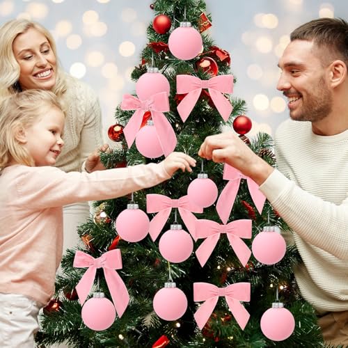 Daifunli Pink 24 Pcs Velvet Christmas Ornaments Set – 12 Balls + 12 Bows