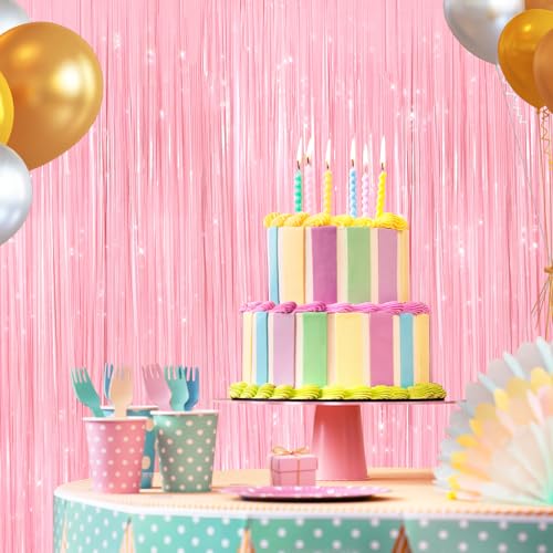 Pastel Pink Foil Fringe Curtains 2 Pack - Self-Adhesive Tinsel Backdrop
