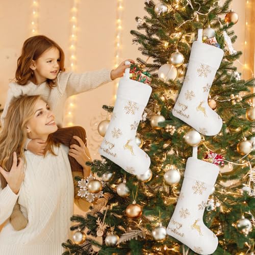 4PCS White Christmas Stockings with Gold Sequin Snowflake Reindeer