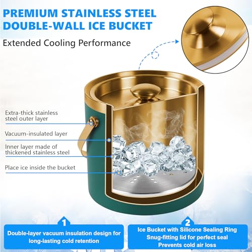 TOSELBAI 4L Green Double-Wall Vacuum Insulated Ice Bucket with Silicone Seal & Accessories