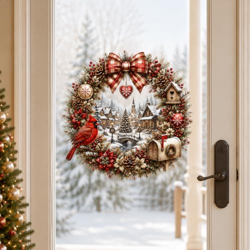 Christmas Wreath Wall Decal - Cardinal Winter Village Scene, 13.8 Inch, Peel & Stick Holiday Decor