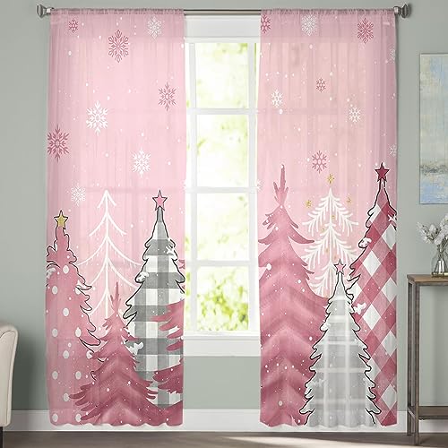Tersuger 52x72 Inch Christmas Semi Sheer Curtains - Pack of 2, Winter Snowflake Window Drapes for Living Room and Bedroom
