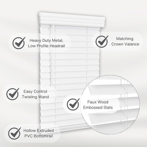 Lotus & Windoware Cordless Faux Wood Blinds - 34" Wide x 60" Long | Embossed Bright White Indoor Shades