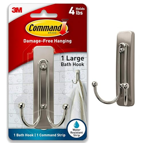 Satin Nickel Double Bath Hook, Damage-Free Adhesive Wall Hook