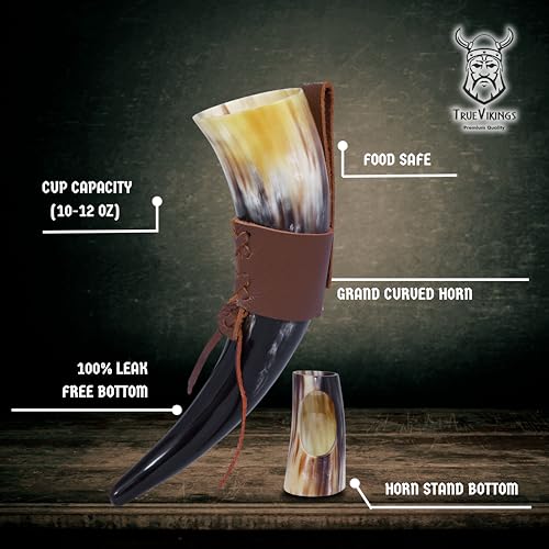 TRUE VIKING Handcrafted Ox Horn Drinking Horn - Shine Polished Pack of 1 with Thor Bottle Opener & Stand, 12 oz Viking Beer & Mead Cup - Valentine Gift