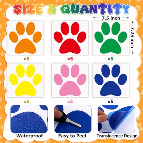 30 Pcs Large Colorful Paw Print Floor Decals, 7.5 Inch Vinyl Wall Clings