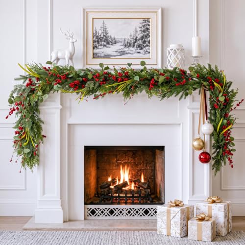 6FT Norfolk Pine Christmas Garland with Eucalyptus Red Berries - TAPBUY Christmas Garland (Variation: Christmas Garland) Indoor Holiday Decor