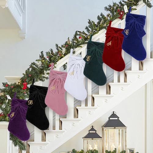 Black Velvet Christmas Stockings with Personalized Monogram & Elegant Bow - 19 Inch Holiday Decor