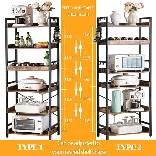 6-Tier Adjustable Industrial Bookcase with Storage Hooks, Rustic Wood