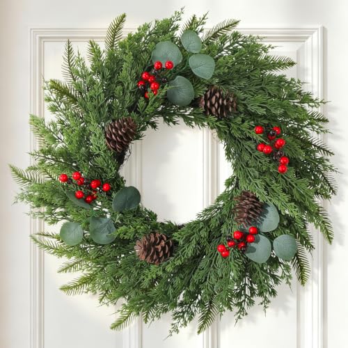 1 Pc 24-Inch Artificial Christmas Wreath with Lights for Front Door - Holiday Decor