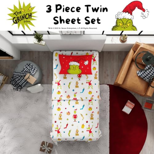 Grinch Twin Sheet Set - Franco The Grinch Officially Licensed 3-Piece Microfiber Bedding (Grinch Greetings)