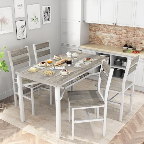 5-Piece Rustic Farmhouse Dining Table Set with 4 Chairs and Storage Shelf