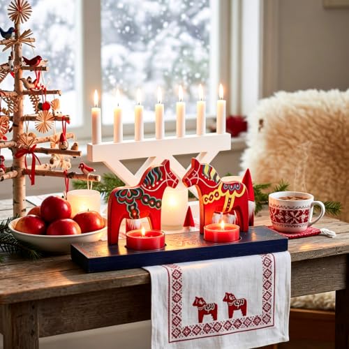Dala Horse Christmas Decor Set with LED Candles - 2 Pc Swedish Wooden Ornaments