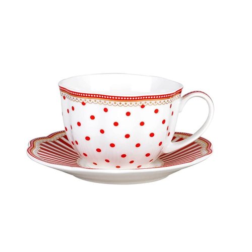 Grace Teaware Red Dot Stripes Scallop 9-Ounce Porcelain Tea/Coffee Cup and Saucer, Set of 2