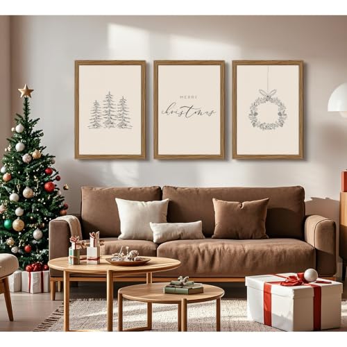 Christmas Prints 16x24 Inch Wood Framed Set of 3 Canvas Wall Art Baccone