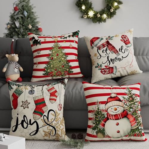 Christmas Pillow Covers Let it Snow Christmas Trees Socks Snowman Throw Pillow Cases Set of 4 Xmas Winter Decorations for Farmhouse Home Sofa Couch Cushion Cover Holiday Decor 18x18 Inch