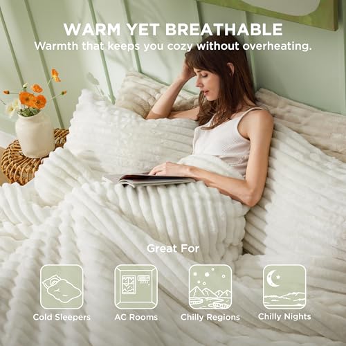 3-Piece Queen Fluffy Fleece Comforter Set with Pillowcases - Cream White